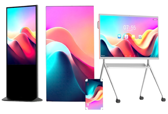 تشكيلة منتجات Display Lab: كشك لافتات رقمية، جدار فيديو LED، شاشة تفاعلية، ولوحة تحكم